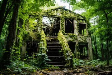 Abandoned structure hidden amid foliage. Generative AI