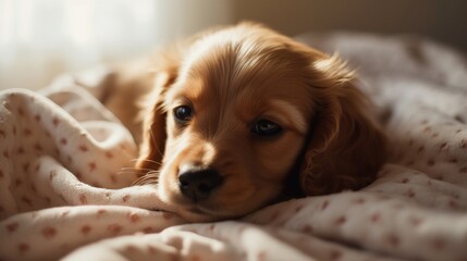 adorable puppy sleeping on a bed