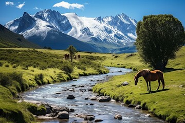 Andes mountains in Patagonia, Ushuaia, Argentina. Entrance to Tierra del Fuego National Park with horses roaming valley meadow, along clear creek. Generative AI - obrazy, fototapety, plakaty
