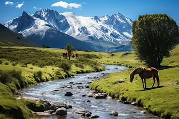 Fotobehang Andes mountains in Patagonia, Ushuaia, Argentina. Entrance to Tierra del Fuego National Park with horses roaming valley meadow, along clear creek. Generative AI © Elina