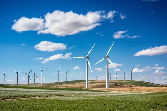 Scenic view of wind turbines, lush wheat field, clear sky, and clouds. Illustrates renewable energy. Generative AI