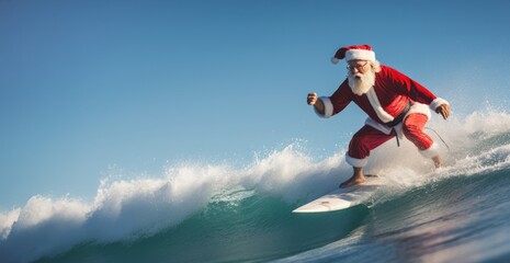 Santa Claus catching a wave on a vibrant surfboard in the tropical ocean, Surfing Santa concept, copy space