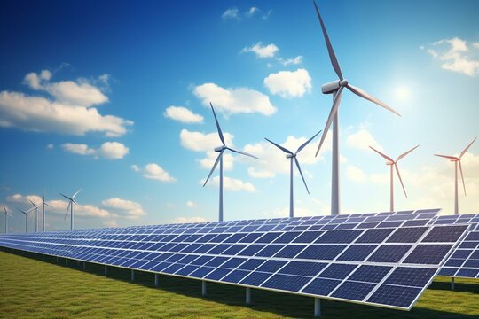 Renewable energy: wind turbines and solar panel. Generative AI