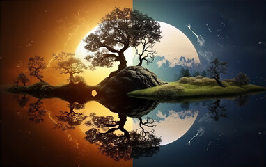 landscape with moon and tree, this design was generated by an artificial intelligence	