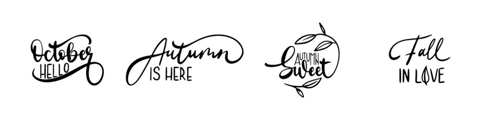 Hand lettering set for autumn,  fall, harvest time handwritten. Calligraphy thanksgiving or autumn wishes for holiday greeting card, banner, poster, web, social media, pattern and backgrounds. 