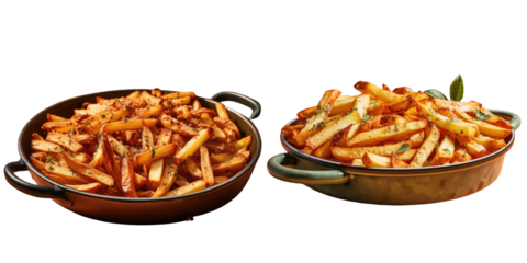 Png Set Turkish homemade french fries with potatoes and sujuk sucuk in frying pan isolated on a transparent background