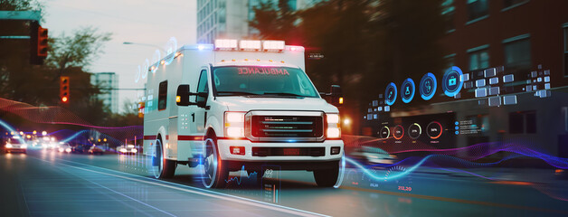 quick response medical ambulance vehicle or truck speeding on the way for accident or health care emergency services concepts as wide banner with infographic information