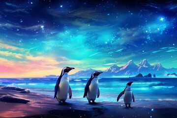 Image shows penguins strolling on beach beneath majestic night sky filled with galaxies, with ocean waves and luminous backdrop. Generative AI