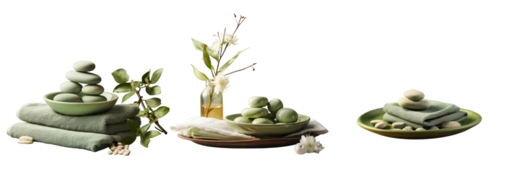 Schilderijen op glas Png Set Green plate holding spa stones and towel isolated on transparent background © 2rogan