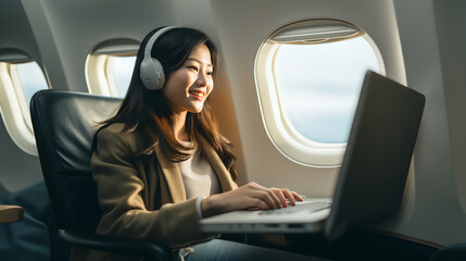 Asian young woman is working with laptop in airplane seat, beautiful businesswoman sitting near windows on airplane listening music in earphones while working at modern laptop