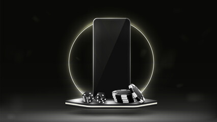A smartphone with dice and poker chips on a hexagonal podium with a neon frame in black and white. A concept for a casino with a mobile phone.
