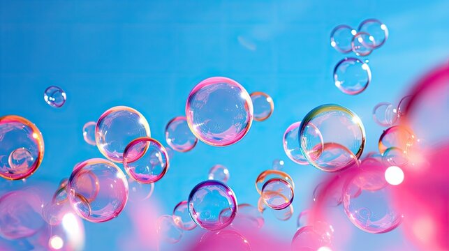 A lot of pink-purple transparent bubbles fly on a blue background