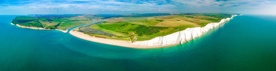 An aerial drone view of the Seven Sisters cliffs on the East Sussex coast, UK © Martin Valigursky