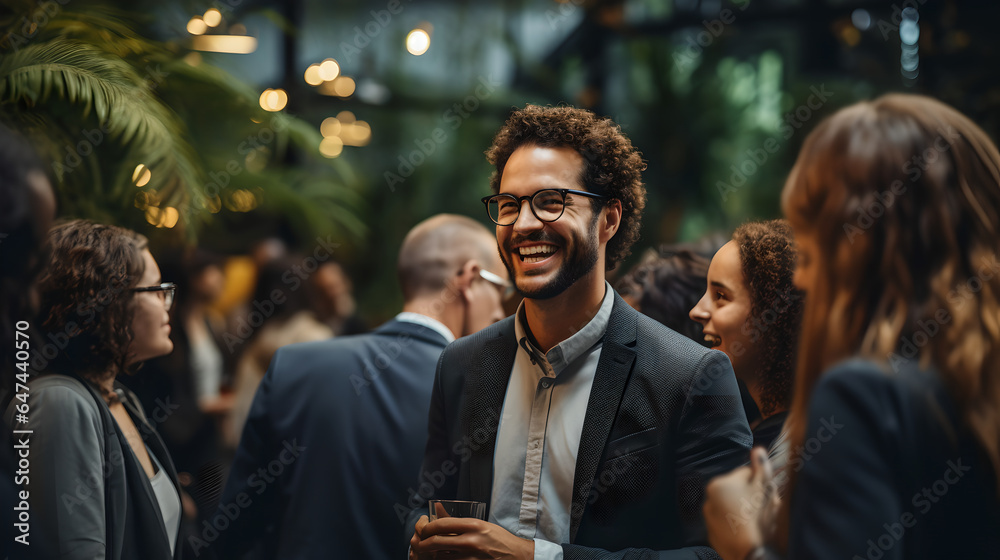 Wall mural happy businessman laughing while holding drink glass during networking event at convention center, s