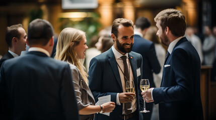 Happy businessman laughing while holding drink glass during networking event at convention center, sharing startup ideas and discussing new innovation at business conference