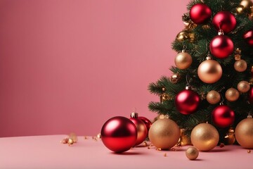 Fototapeta na wymiar Creative Christmas tree with golden and red balls isolated on a pink background. Banner for New Year's Eve