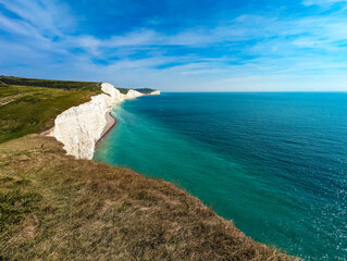 An aerial drone view of the Seven Sisters cliffs on the East Sussex coast, UK