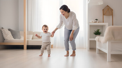 Happy little baby learning how to walk at home with the help of his mother, cute toddler child walking in living room