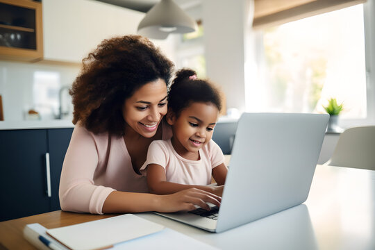 Happy african american mother teaching children learning computer laptop on a online class at home, mother and daughter studying online at home.