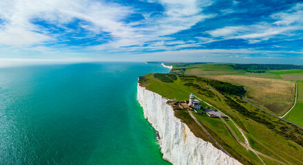 An aerial drone view of the Seven Sisters cliffs on the East Sussex coast, UK - 647440910