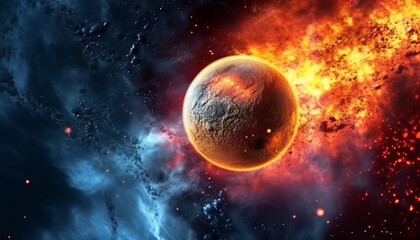 Obraz premium Unknown planet, space, large planet absorbs another. Generative AI