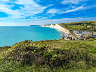 An aerial drone view of the Seven Sisters cliffs on the East Sussex coast, UK
