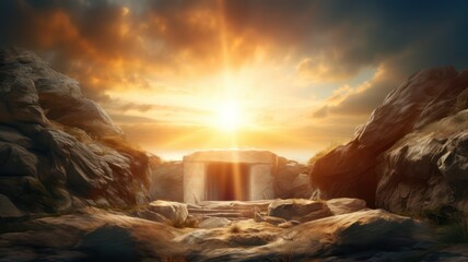 Empty tomb at sunrise - resurrection concept created with Generative AI - obrazy, fototapety, plakaty