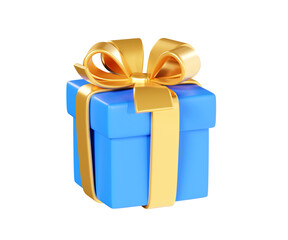 Blue gift box with golden ribbon and bow 3d render illustration