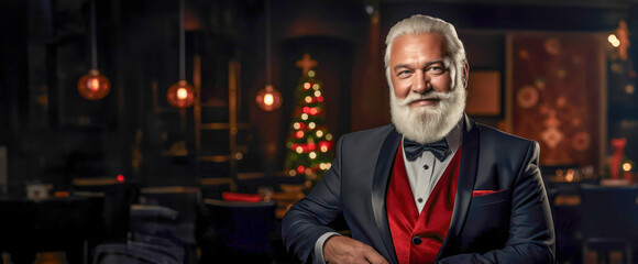 Santa Claus in a sleek black suit, confidently posing with a sly smile