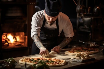 The chef prepares pizza.