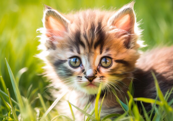 Obraz premium Cute little kitten sitting in the grass on a sunny day.