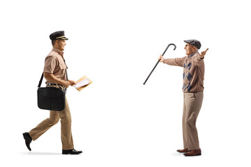 Mailman delivering a letter to a happy elderly man