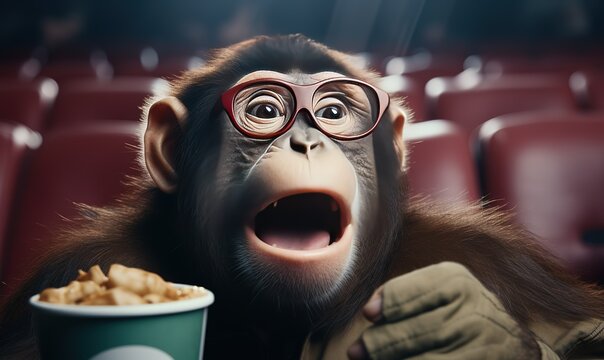 A monkey with glasses in a movie watches a movie enthusiastically.