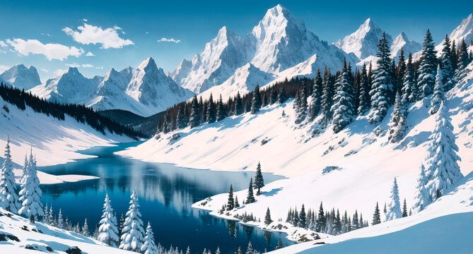 Beautiful winter landscape with snowy mountains and lake.