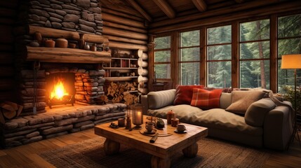Interior of a wooden log cabin with a warm and textured log wall. - obrazy, fototapety, plakaty