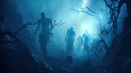 A group of zombies, their distorted forms bathed in an otherworldly blue light. - obrazy, fototapety, plakaty