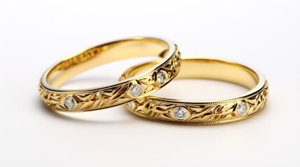 Two exquisite gold wedding rings on a white background.