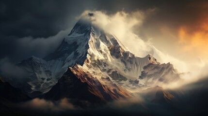 Obraz premium The morning sun breaks through heavy storm clouds, illuminating a rocky mountain peak.