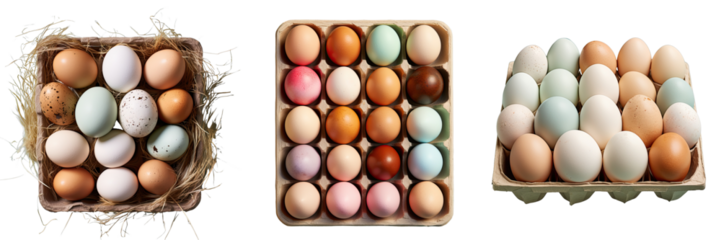 Png Set Easter postcard concept with eggs in handmade hens trays on transparent backgrounden background