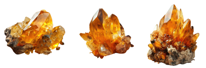 Png Set Close up of Citrine macro mineral stone on a transparent background with crystals in rock
