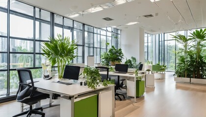 Fototapeta premium Eco-friendly office interior with air-purifying plants, reducing CO2