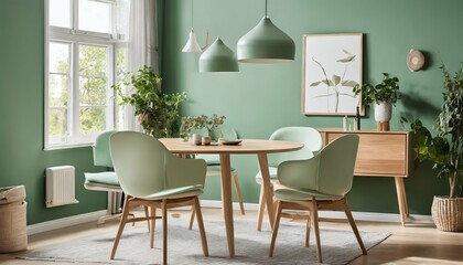 Scandinavian living room design - mint color chairs at round wooden dining table, sofa and cabinet near green wall, mid-century modern home interior