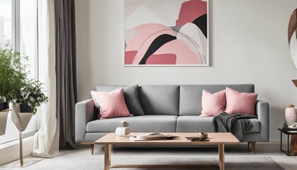 Modern living room interior - grey sofa with pink pillows and blanket, abstract art poster on white wall