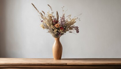 Home interior with copy space - wooden table with vase, bouquet of dried flowers near blank wall