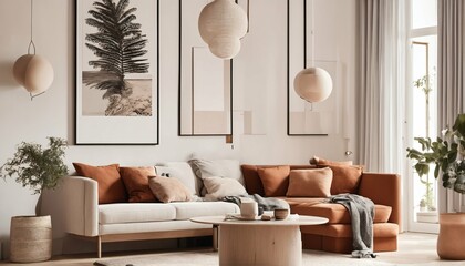 Scandinavian living room design - round coffee table near white corner sofa with terra cotta cushions, art poster on paneling wall