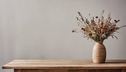 Home interior with copy space - wooden table with vase, bouquet of dried flowers near blank wall