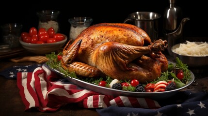 A Thanksgiving turkey sitting on a platter with a flag