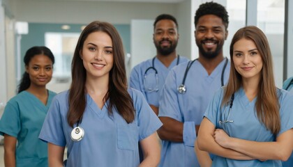 Nursing student in hospital - young intern dressed in scrubs, standing with team, doctor training - obrazy, fototapety, plakaty
