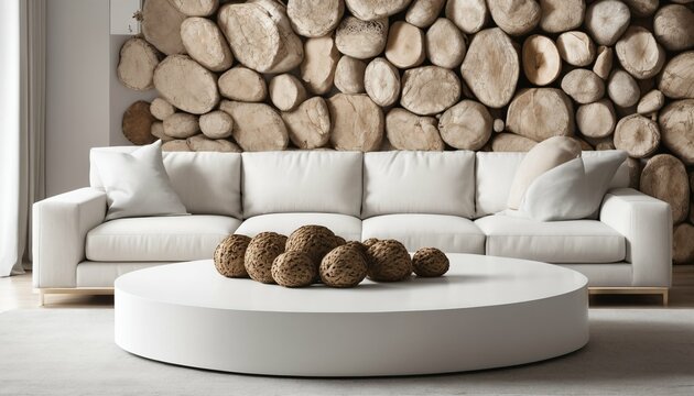 Minimalist living room design - rustic root ball coffee table near white sofa, decorative stone paneling on white wall