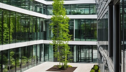 Sustainable building with trees and green environment: Eco-friendly glass office